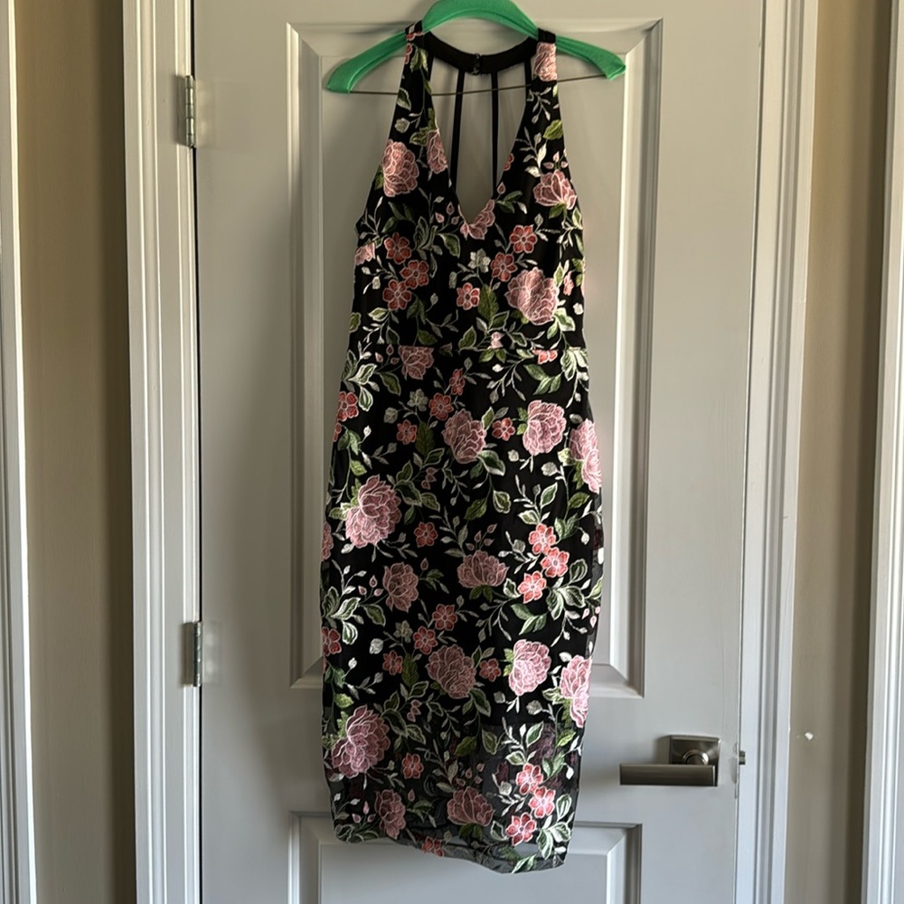 Guess Embroidered Mesh Halter Dress.